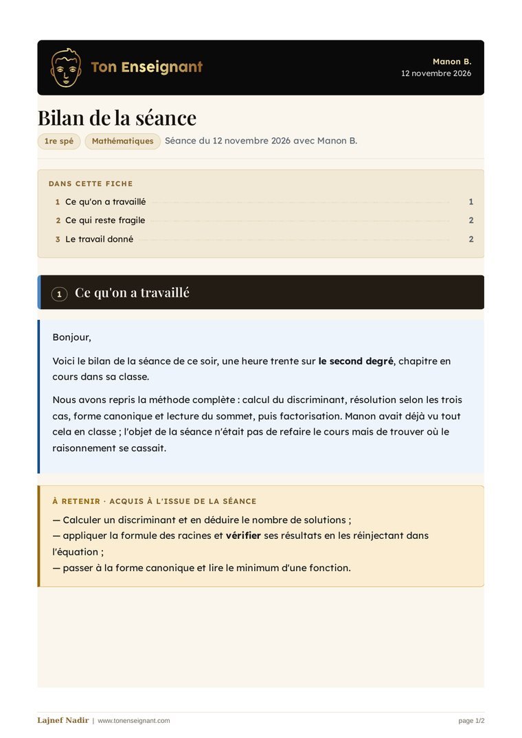 Première page d'un bilan de séance adressé aux parents