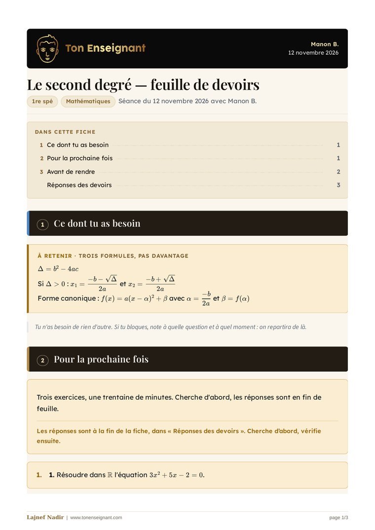 Première page d'une feuille de devoirs autonome